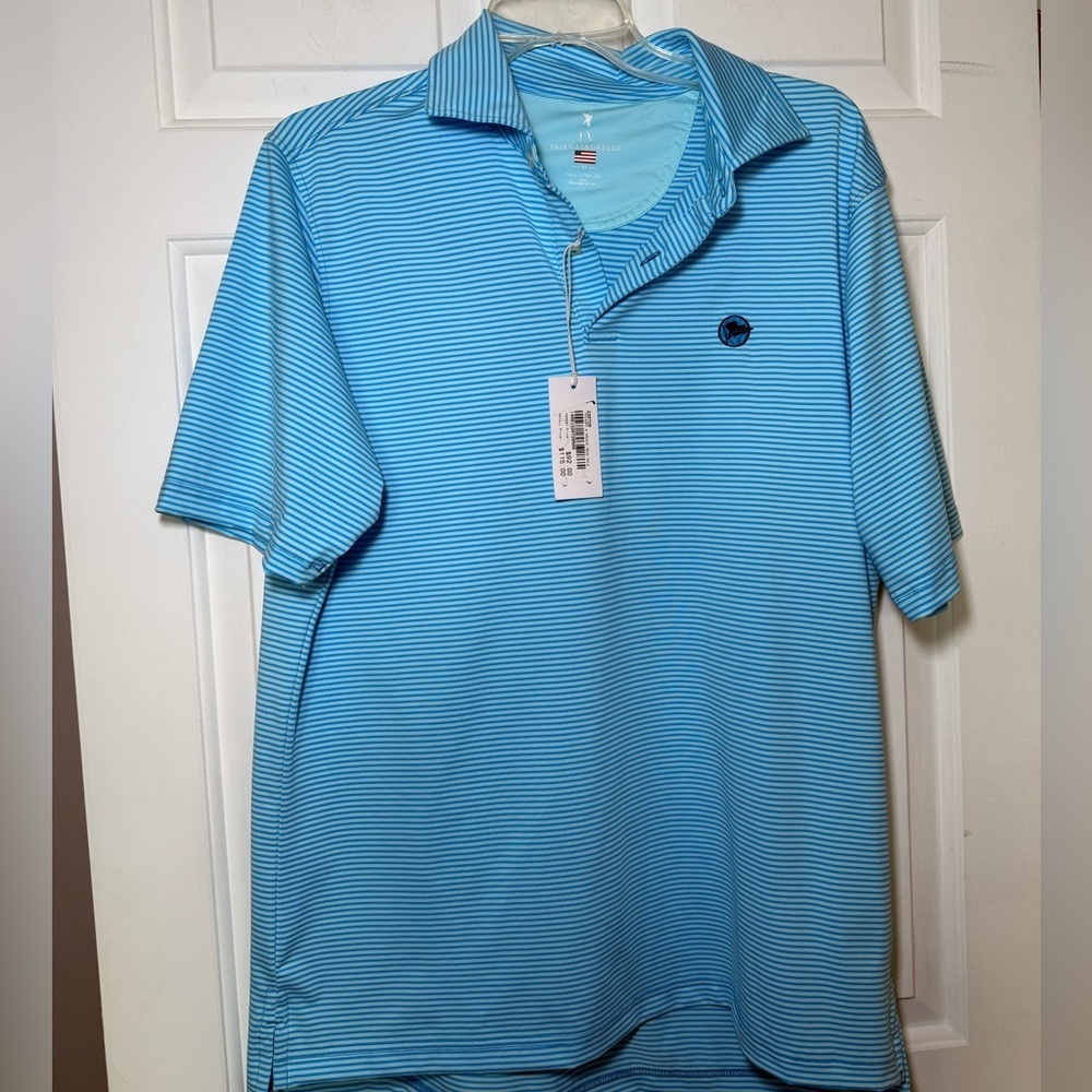 Fairway & Greene MEDIUM Owens Stripe Tech Polo Shirt Blue Stripes NWT